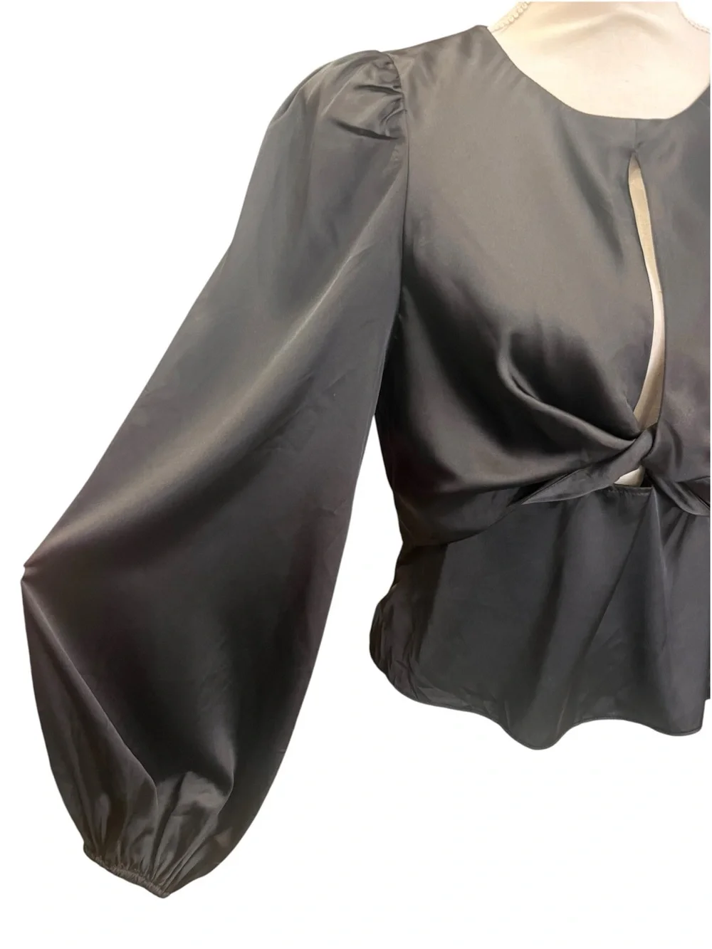 ASTR The Label Black Satin Twist Front Cutout Puff Sleeve Peplum Top L NWT